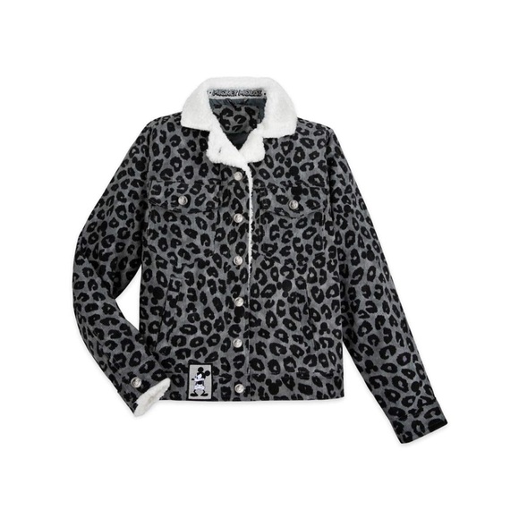DISNEY Mickey Mouse leopard print grey black Sherpa shacket jacket crop coat S - Picture 8 of 17